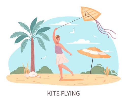 Beach activities flat cartoon with woman holding flying kite vector illustration