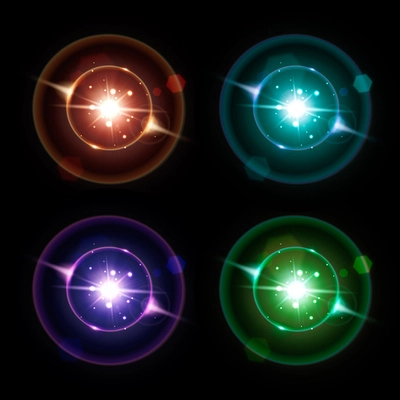 Eclipse realistic compositions set with for colored circle flares isolated vector illustration