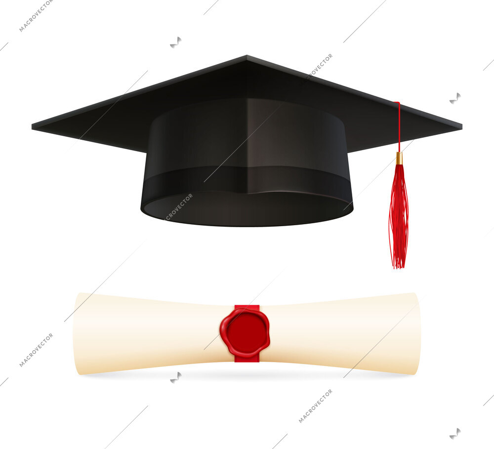 Graduation education set with realistic isolated images of academic hat with red tassel and sealed diploma vector illustration