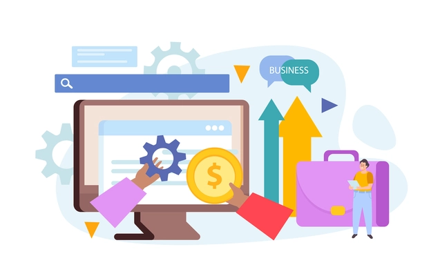 Business merger concept flat composition of hands holding coin and gear briefcase arrows and computer screen vector illustration