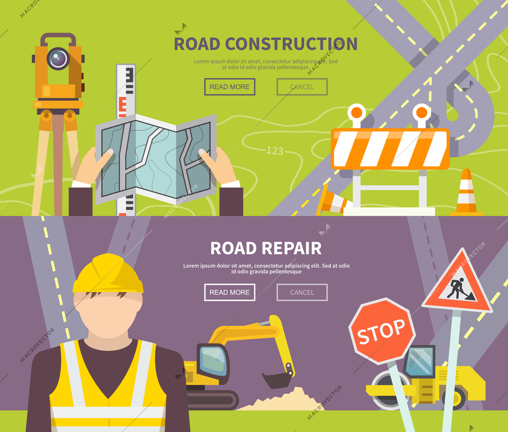 Road worker horizontal banner with flat construction and repair elements isolated vector illustration