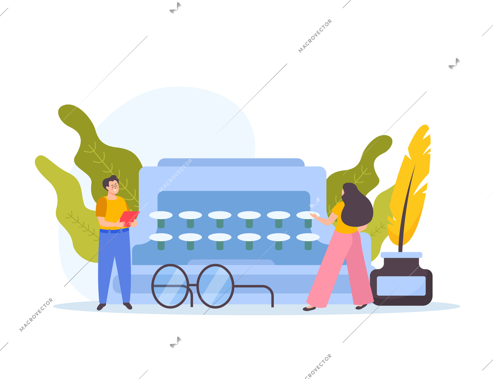 Writer flat background composition with view of typewriter pen in ink well goggles and doodle people vector illustration