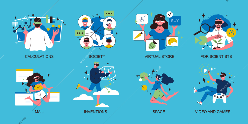 Cyberspace flat compositions set with people working and playing in virtual reality isolated vector illustration