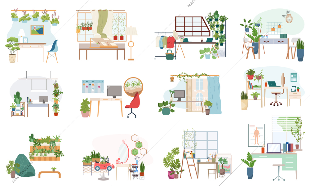 Green workplace flat icons set of people working at home or in office in eco friendly environment with green plants isolated vector illustration