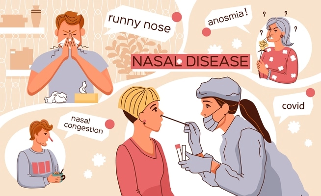 Nasal diseases flat collage demonstrating runny nose anosmia nasal congestion covid vector illustration