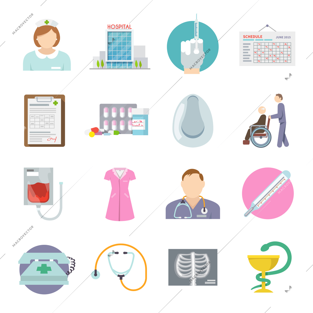 Nurse icon flat set with health care service symbols isolated vector illustration