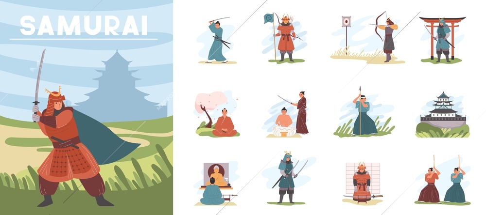 Samurai flat icons set with male warriors in traditional japanese clothes isolated vector illustration