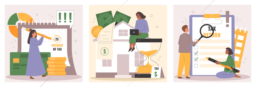 Tax pay flat composition set with home finance money balance symbols isolated vector illusration