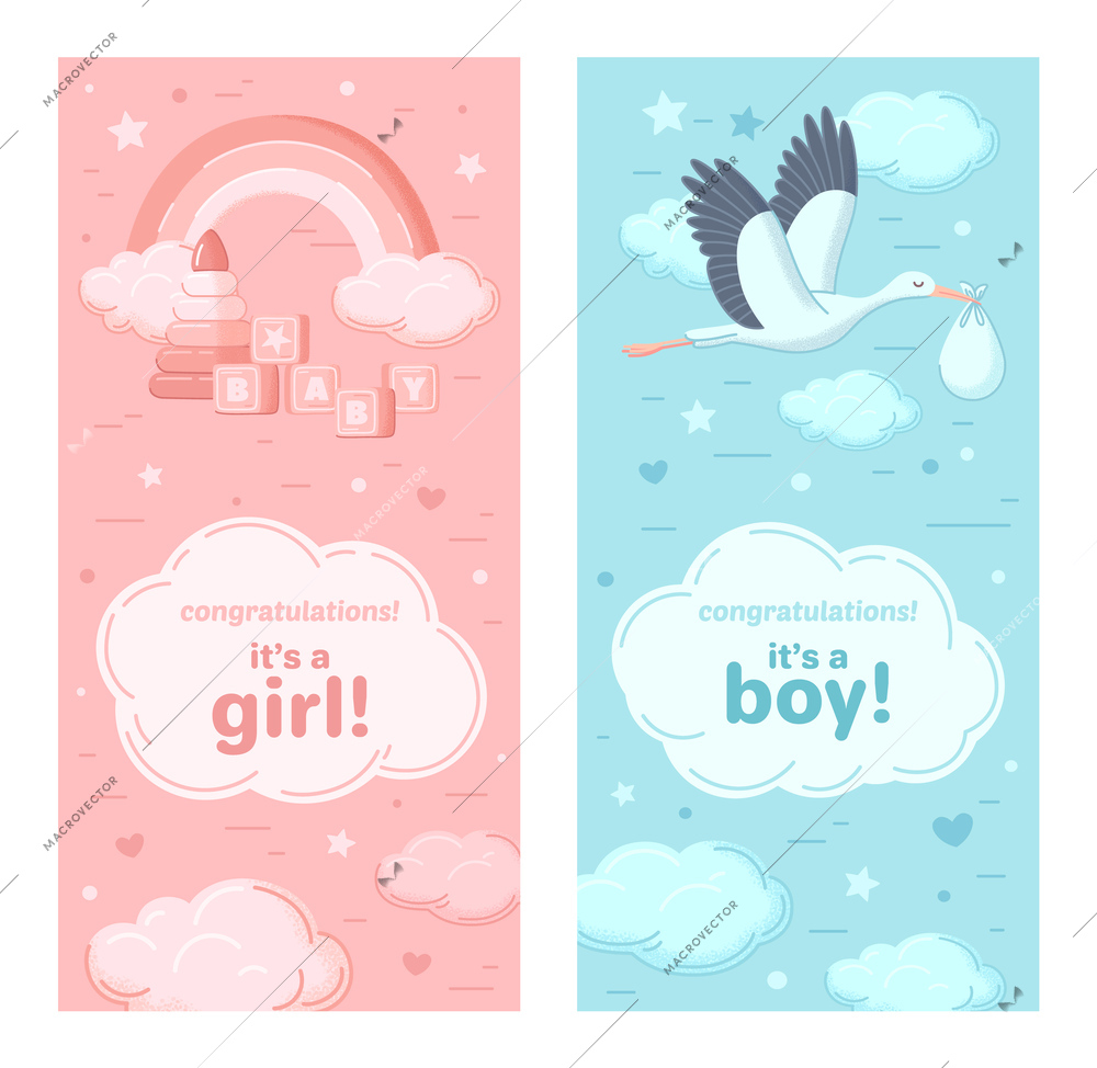 Baby shower cartoon invitation set with boy and girl birth symbols isolated vector illustation