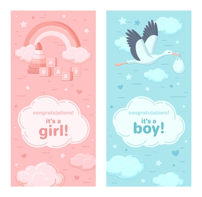 Baby shower cartoon invitation set with boy and girl birth symbols isolated vector illustation