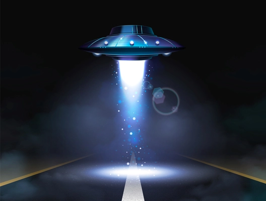 Ufo spaceship poster with alien aircraft putting spotlight on road vector illustration