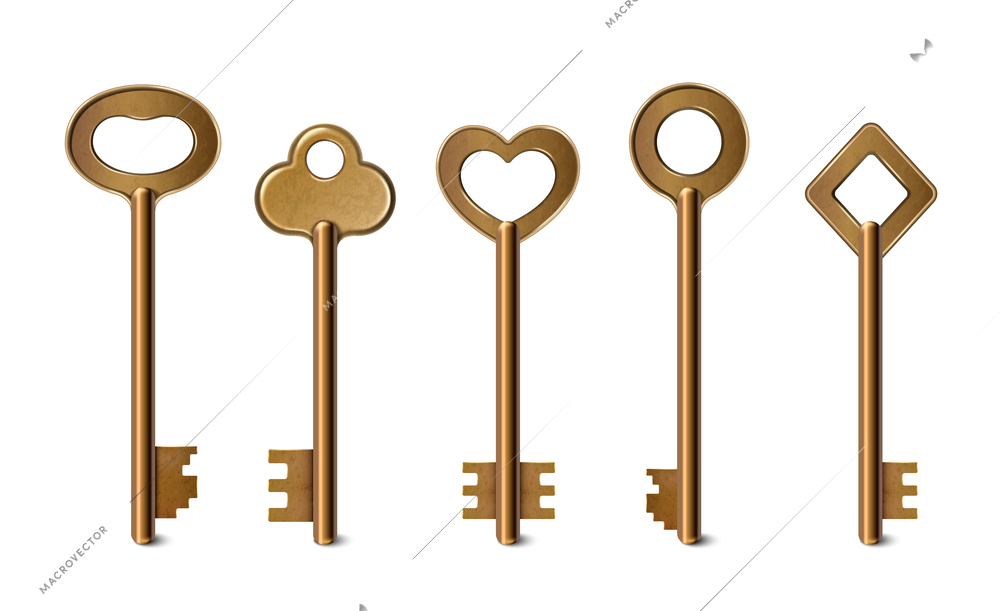 Realistic vintage golden metal key set icons isolated vector illustration