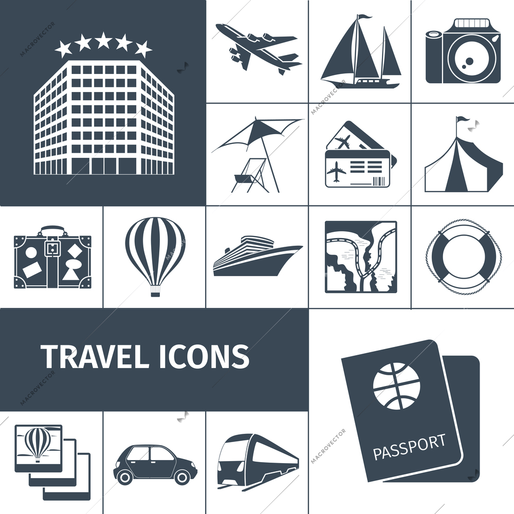 Travel icons black set with passport map photo camera balloon isolated vector illustration