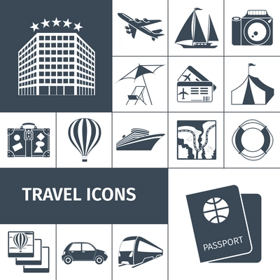 Travel icons black set with passport map photo camera balloon isolated vector illustration