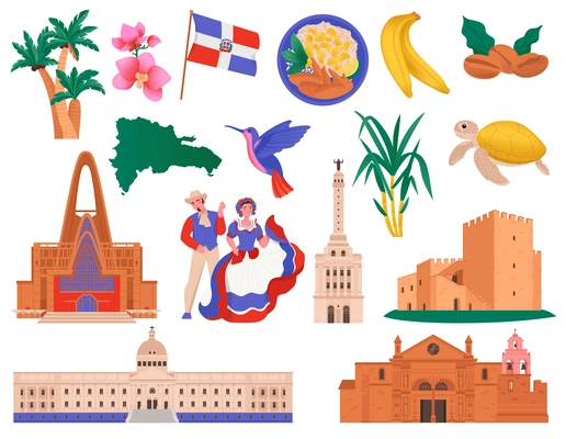 Dominican republic travel set with isolated front view icons of famous buildings sights food and nature vector illustration