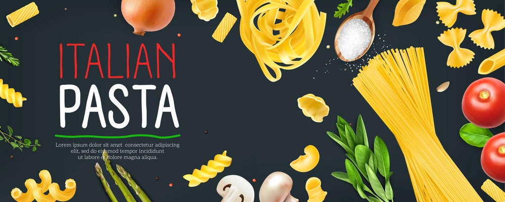 Italian pasta horizontal poster with realistic ingredients on dark background vector illustration