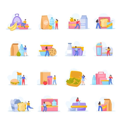 Lunch box flat icons set with isolated compositions of food containers packaging boxes and human characters vector illustration