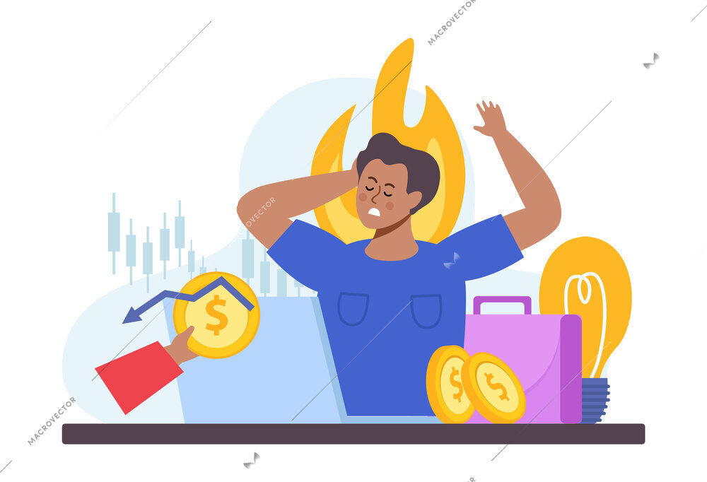 Financial instability flat icons composition with doodle character of broker on fire with coins and stocks vector illustration