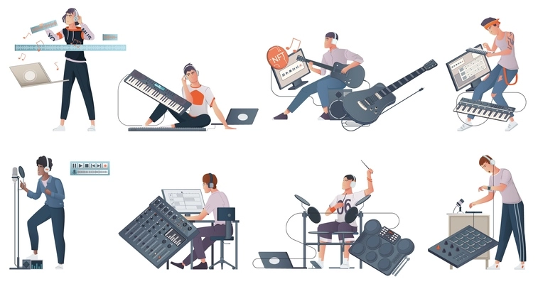 Digital music creation flat set of musicians recording music with professional equipment isolated vector illustration