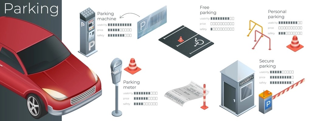 Parking infographic layout with parking machine parking meter secure cabin place for disabled realistic elements vector illustration