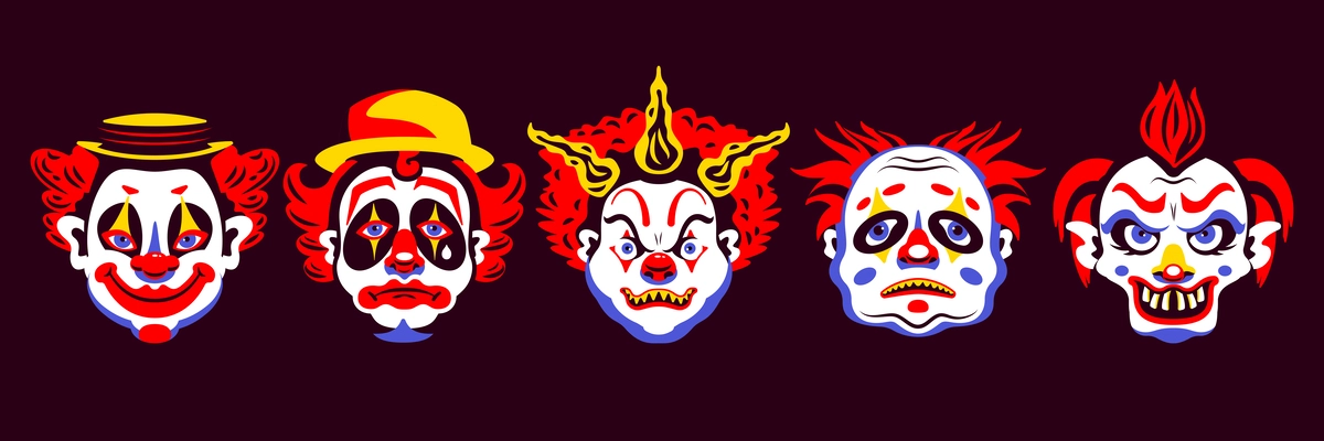 Set of isolated clowns faces with scary heads painted noses eyebrows red lips and funny hats vector illustration