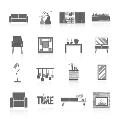Modern home living room furniture black icons set isolated vector illustration