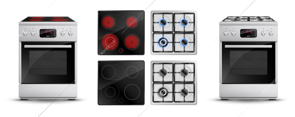 Realistic set of electric and gas stove isolated images with ovens and top views of range vector illustration