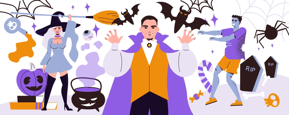 People having party with various halloween attributes and wearing spooky costumes of witch vampire and zombie flat vector illustration