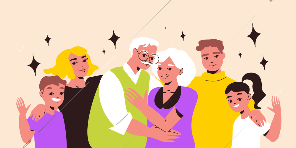 Happy hugging family members grandparents parents and children on color background flat vector illustration