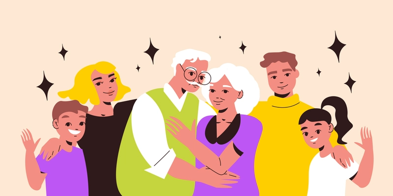 Happy hugging family members grandparents parents and children on color background flat vector illustration