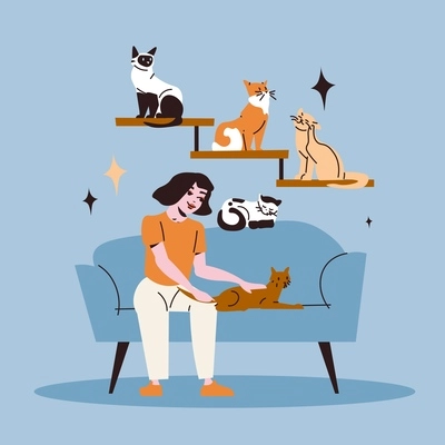 Pets cafe flat composition with woman stroking cats on sofa vector illustration