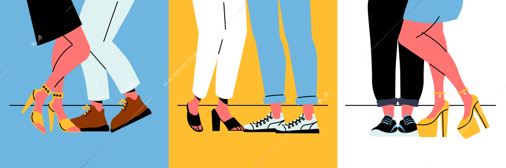 Male and female legs wearing trainers and high heel shoes flat isolated vector illustration