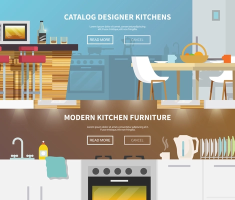 Kitchen furniture horizontal banner set with flat design elements isolated vector illustration