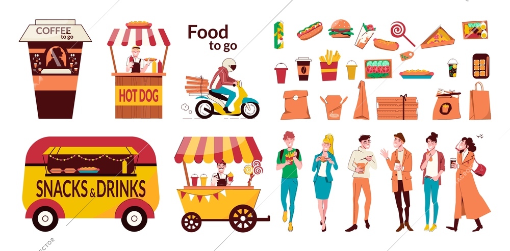 Food to go flat set of snacks and drinks truck and ice cream cart hot dog street shop isolated vector illustration