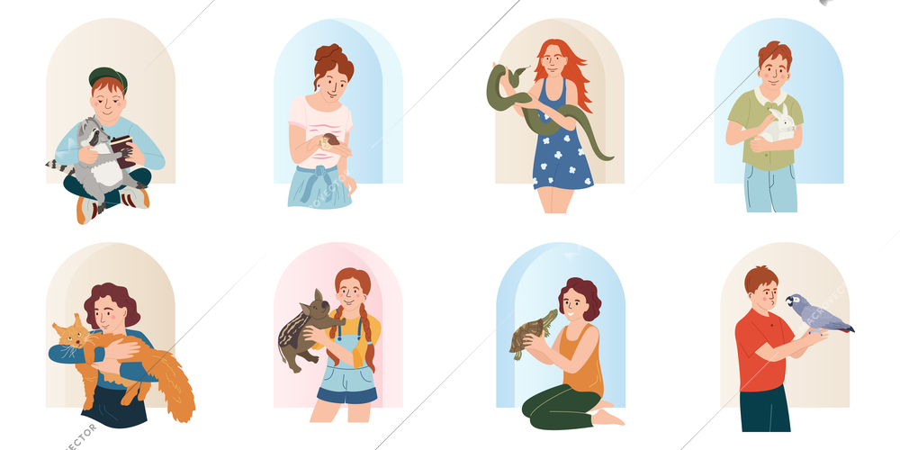Set with isolated people with exotic pets flat compositions with doodle human characters and unusual animals vector illustration