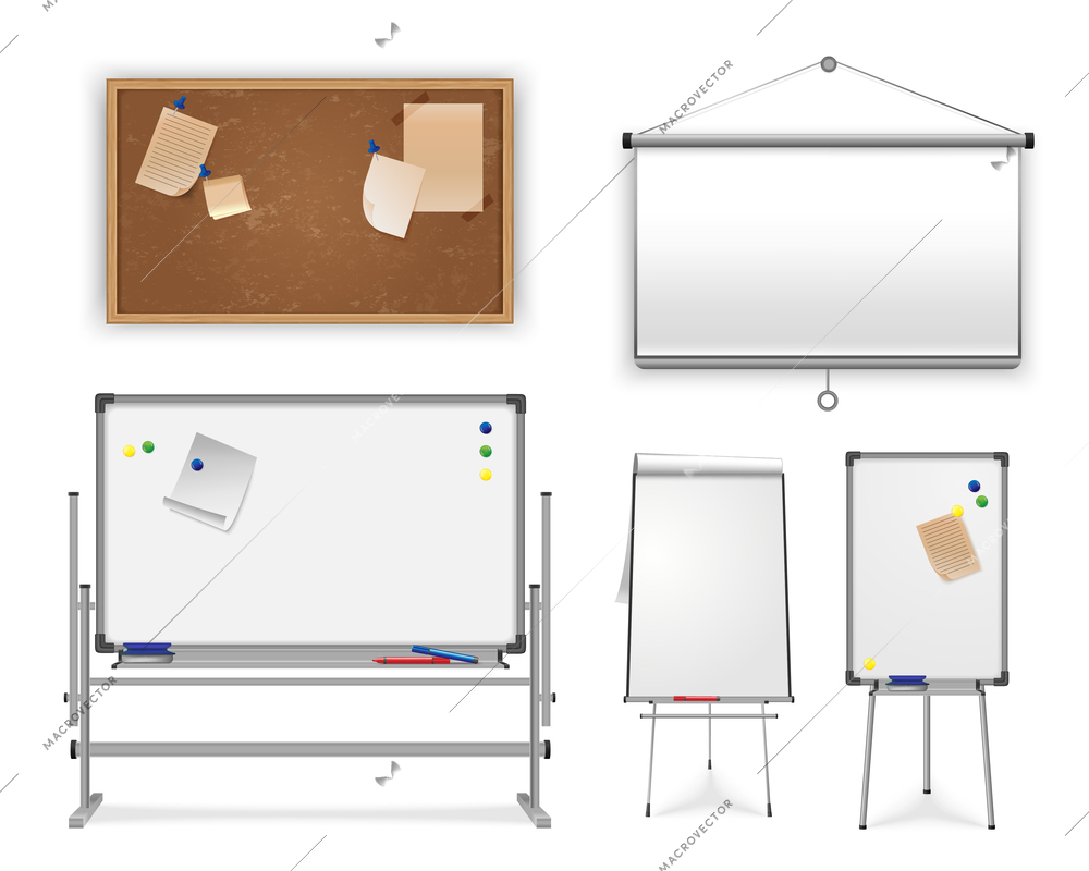 Office boards realistic set with isolated images of folding stands easels and plates with sticky notes vector illustration