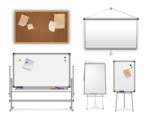 Office boards realistic set with isolated images of folding stands easels and plates with sticky notes vector illustration