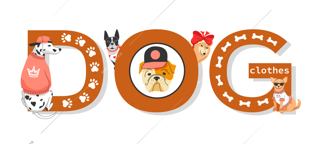 Dog clothes flat header text with big letters and small pets dressed in special costumes vector illustration