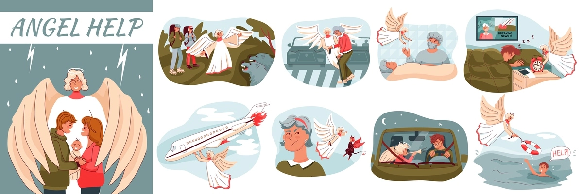 Angel help flat composition with scenes of protection rescue and support in different life situation cartoon vector illustration