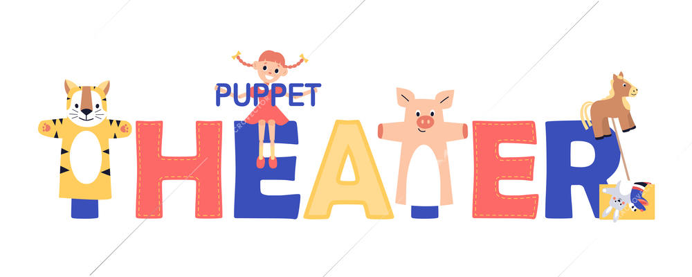 Puppet show theatre composition of flat text with animal puppets on letters and little girl character vector illustration