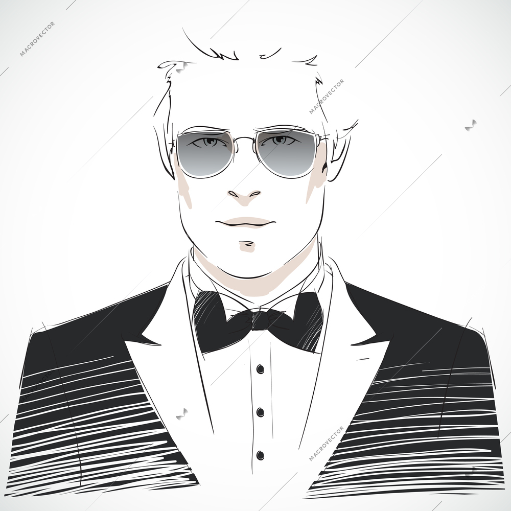 Elegant young businessman portrait wearing black tuxedo suit with bow-tie and glasses isolated vector illustration