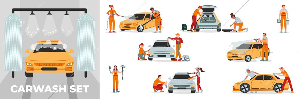 Car washing set of flat compositions with front and side views of cars being cleaned up vector illustration