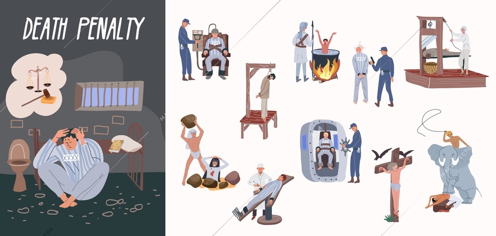 Death penalty composition set with execution symbols flat isolated vector ilustration