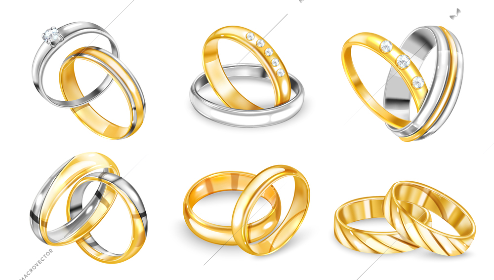 Pairs of golden wedding or engagement rings realistic isolated vector illustration