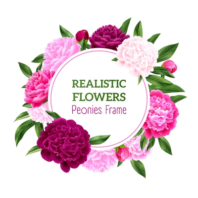 Realistic round frame template with blooming peonies and green leaves vector illustration