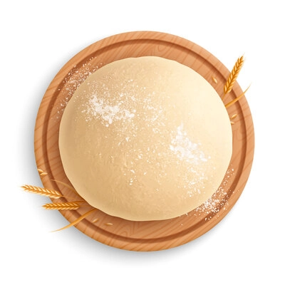 Fresh raw dough composition with isolated top view of round wooden tray with circle dough piece vector illustration