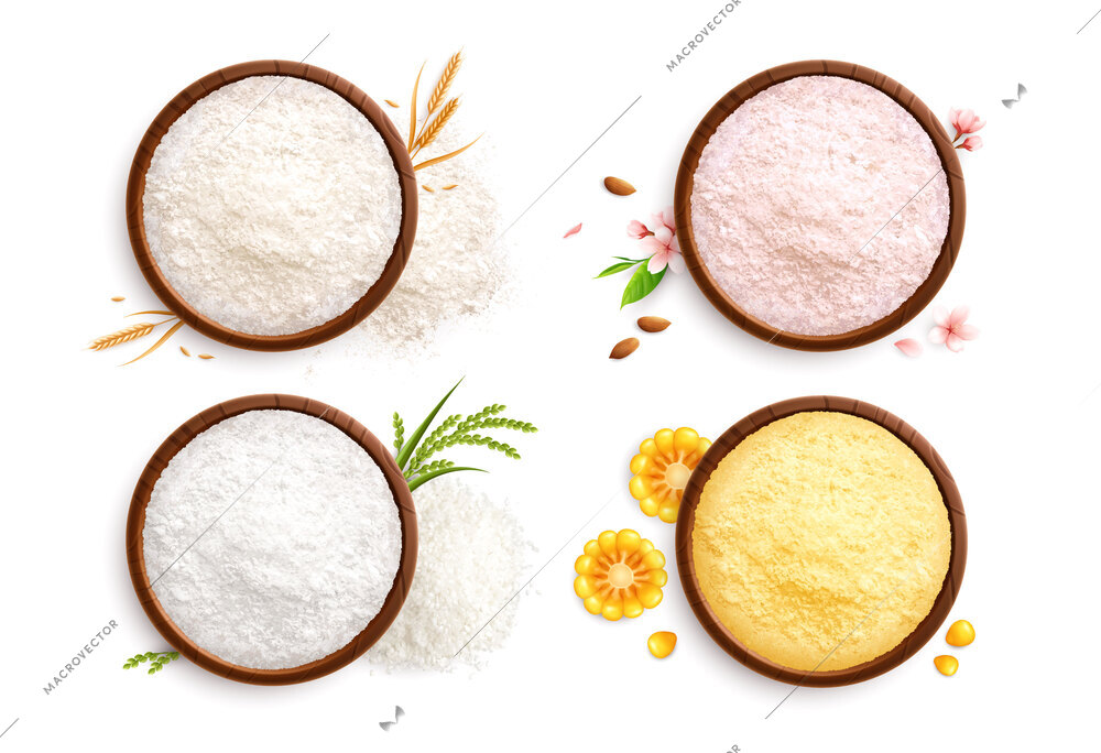 Flour and ingredients on white background realistic composition with isolated top views of different flour types vector illustration