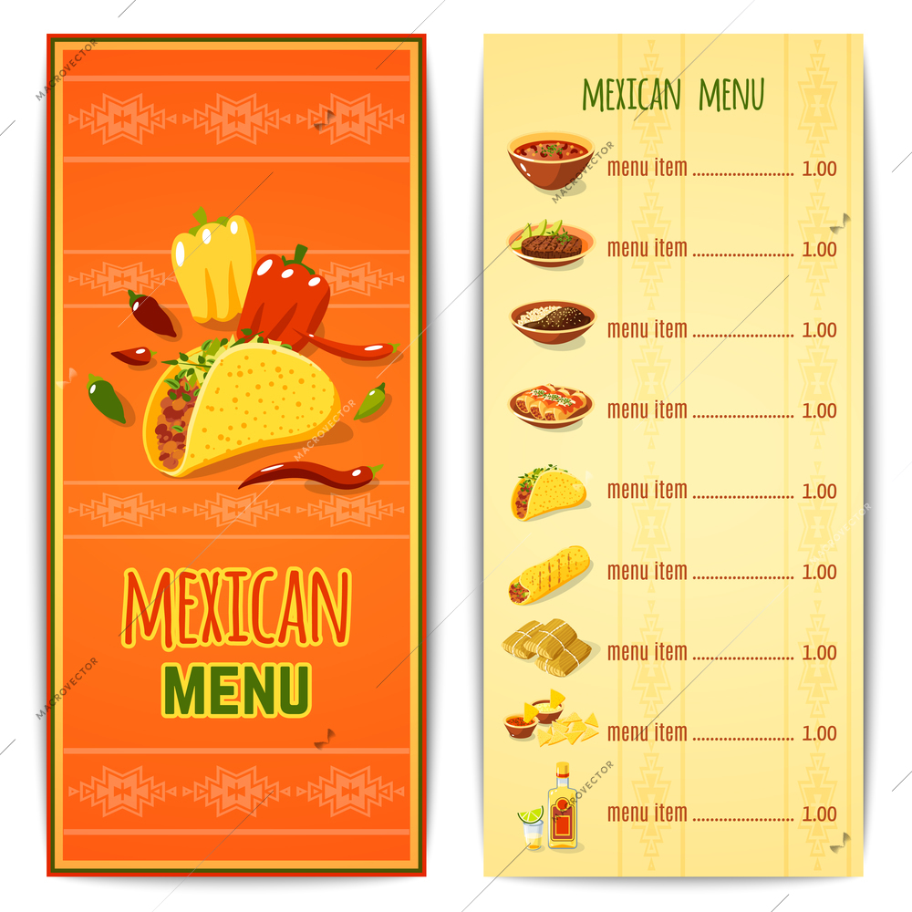 Mexican restaurant menu template with traditional spicy food cuisine vector illustration