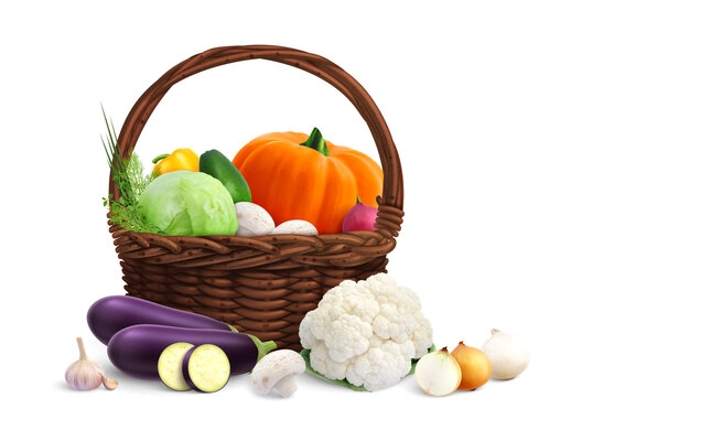 Fruit and vegetables in basket realistic composition with ripe greens inside and outside of wicker basket vector illustration