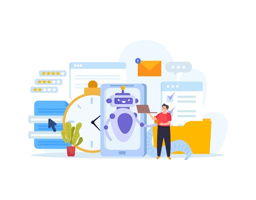 Chatbot online customer service flat concept with man chatting with bot vector illustration